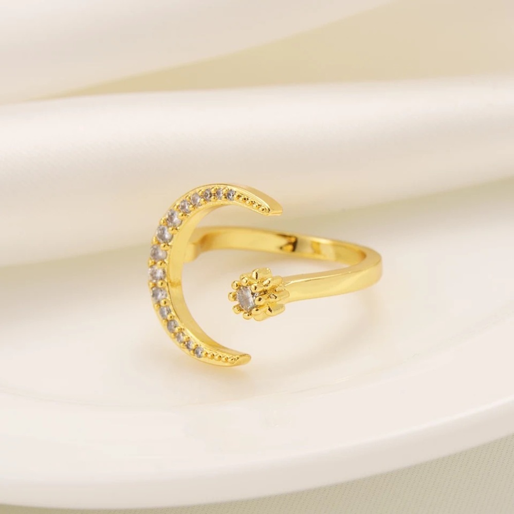 New Gold Vermeil Sterling Silver 925 Crystal Moon & Star Adjustable Ring